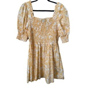 1. State Yellow‎ Smocked Puff Sleeve Floral Square Neck Mini Sun Dress X-Large